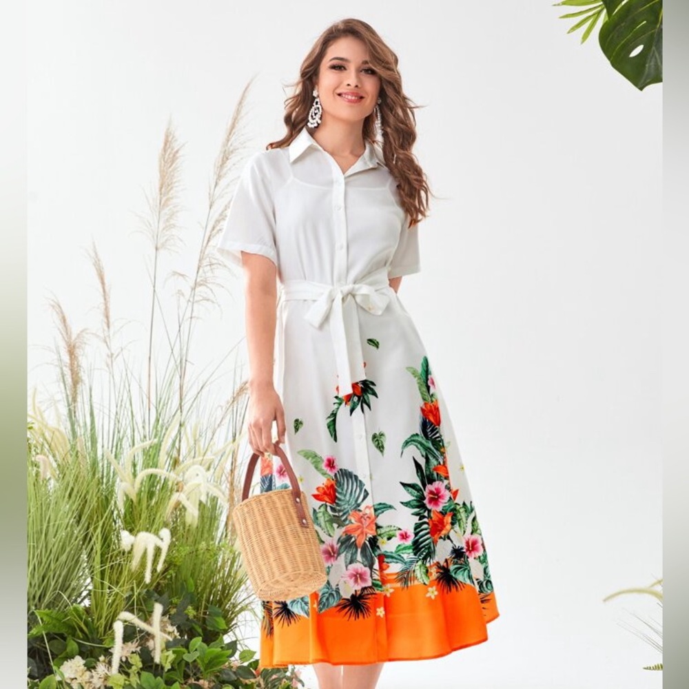 White Button-Down SHEIN Midi Dress with Orange Floral Design Accents